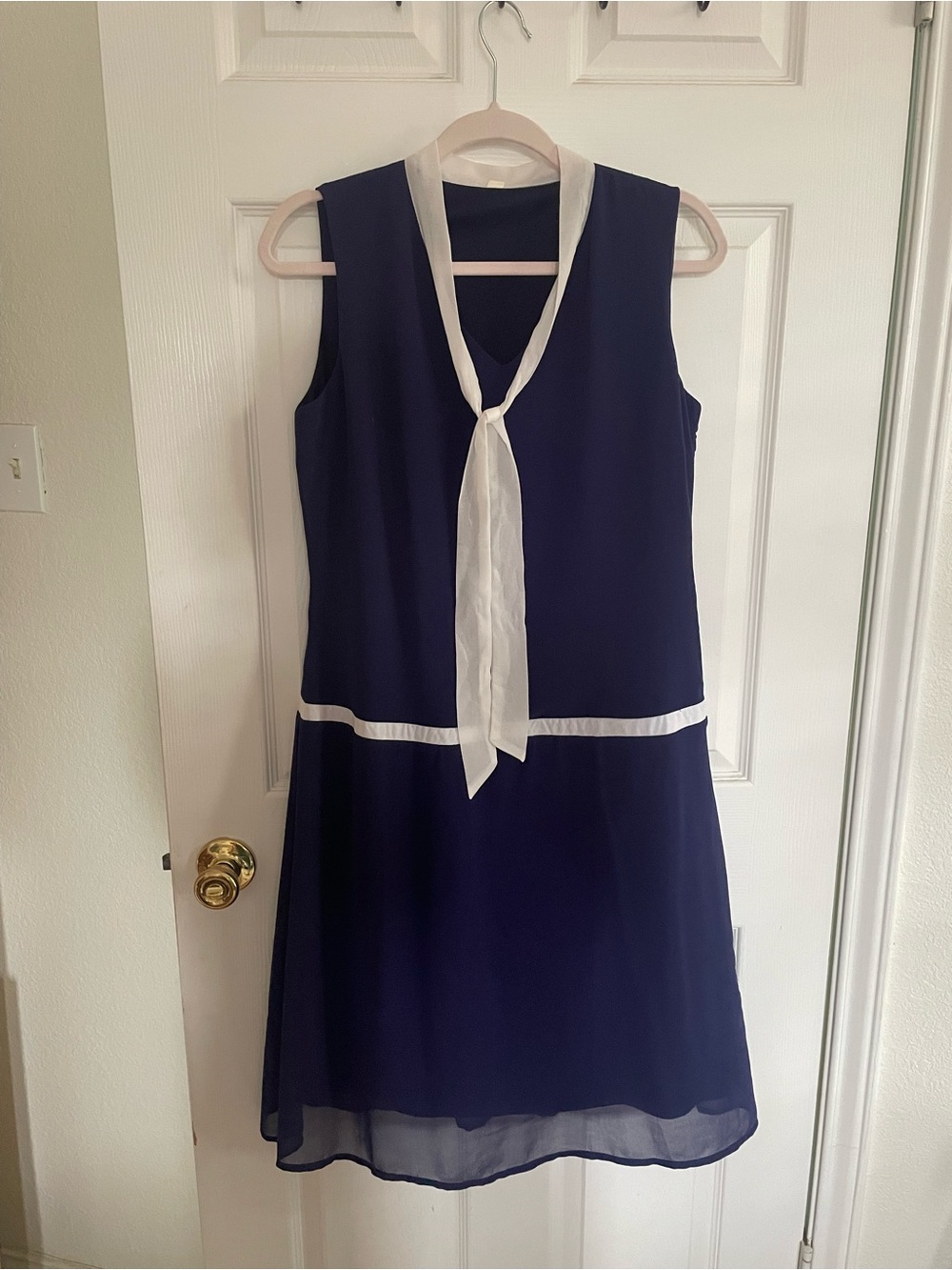 1920s Costume Navy Tie-Neck Sleeveless Dress with White Trim